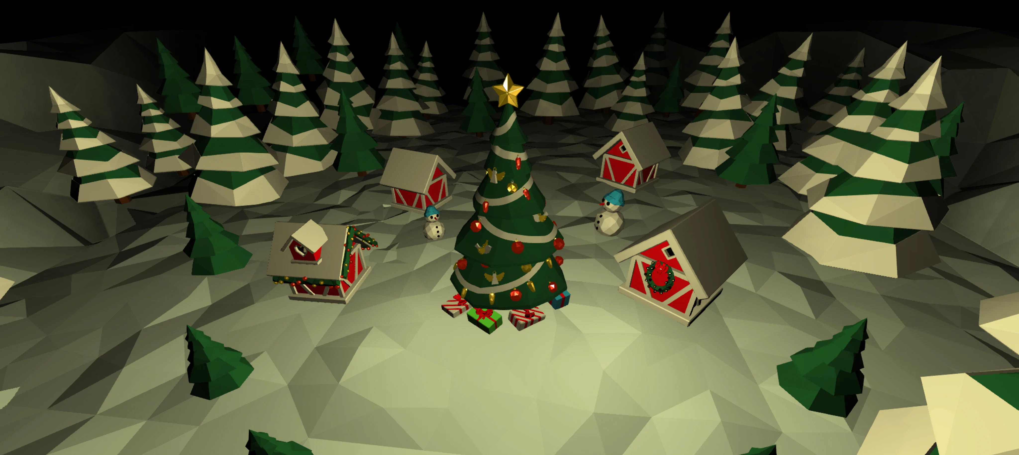 Weihnachtliche Winterlandschaft mit geschmücktem Tannenbaum, kleinen Häusern und Schneemännern im Wald