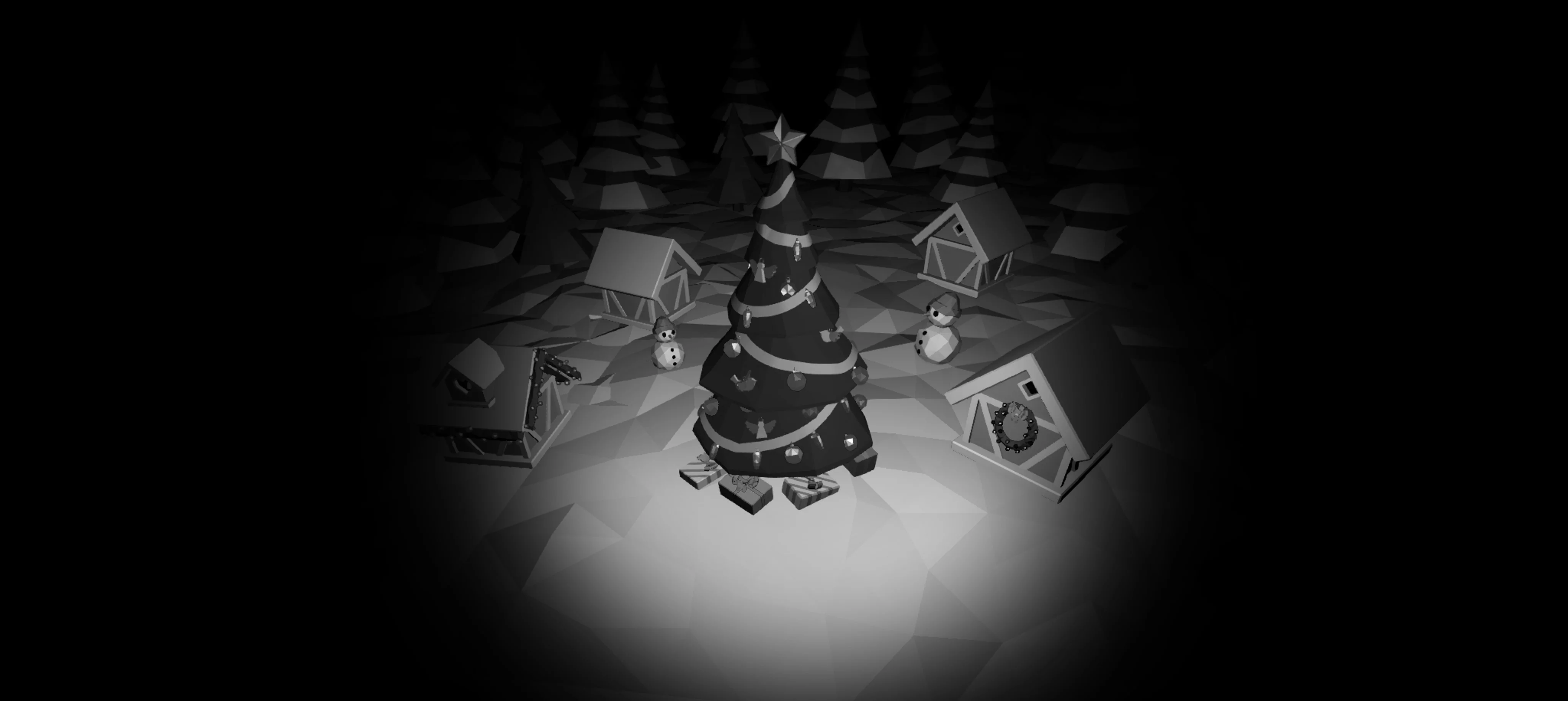 Weihnachtsbaum mit Geschenken, umgeben von Häuschen und Schneemännern in winterlicher Landschaft.