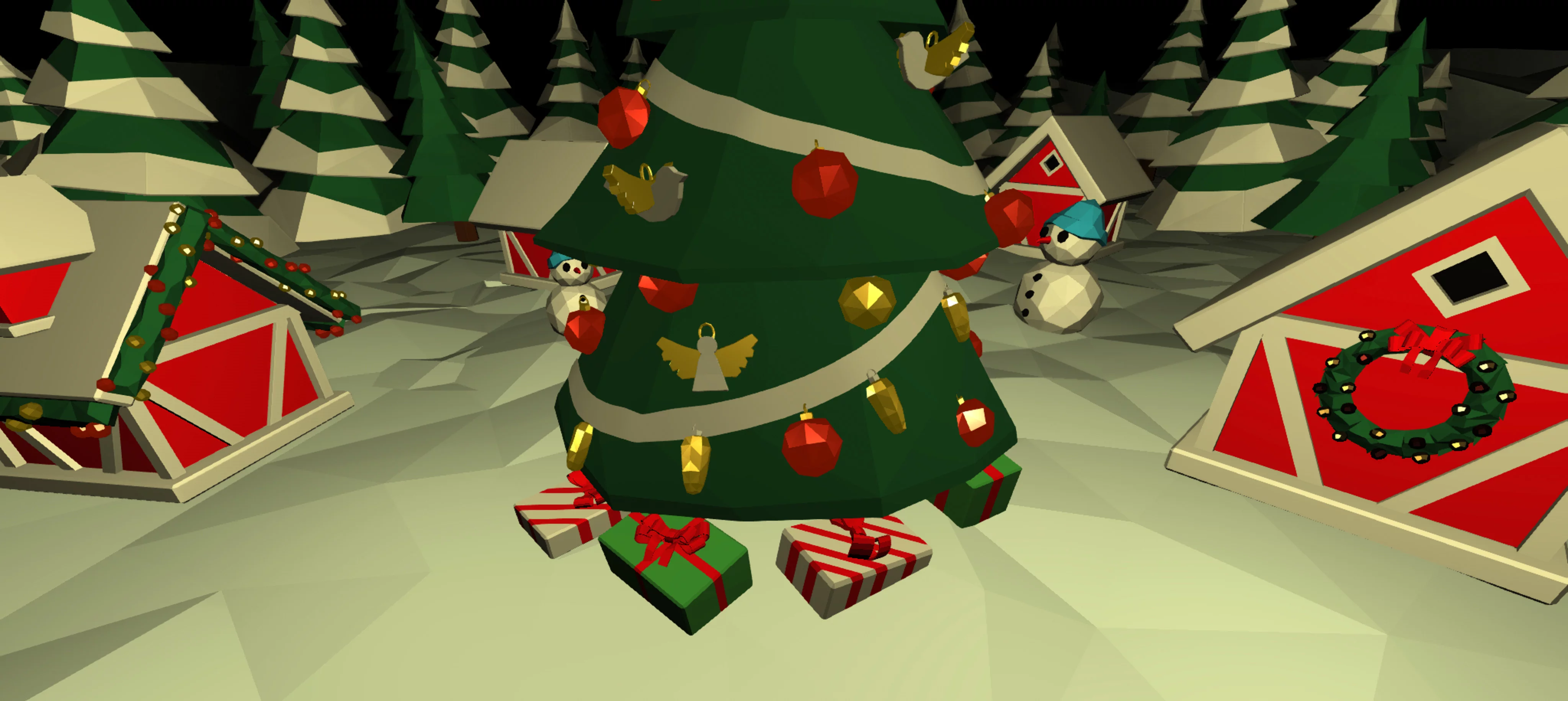 Weihnachtsbaum mit Geschenken, Schneemännern und roten Häuschen in Winterlandschaft